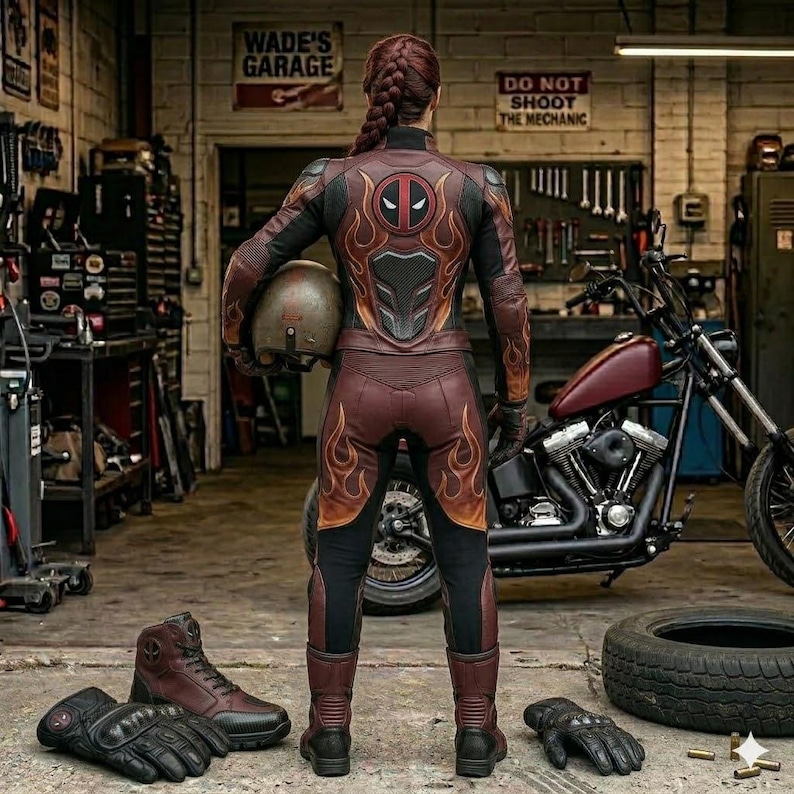 May include: A maroon and black leather motorcycle suit featuring flame patterns, a Deadpool logo on the back, and a carbon fiber back protector. The suit is accompanied by matching maroon leather motorcycle boots and black leather gloves.