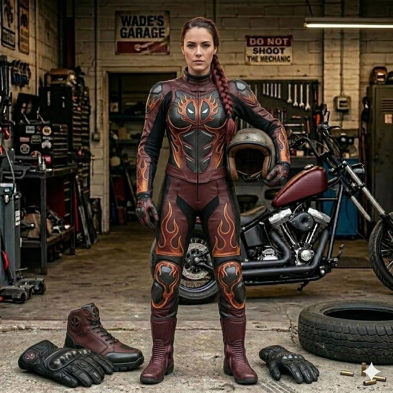 May include: A maroon and black leather motorcycle suit featuring flame patterns, a Deadpool-inspired chest emblem, and matching gloves and boots. The suit includes protective padding on the knees and shoulders, with a helmet held in one hand.
