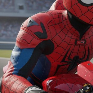 May include: A red and black Spider-Man suit with a web pattern, blue accents, and black details. The suit is worn by a person on a red motorcycle. The suit has a textured appearance.