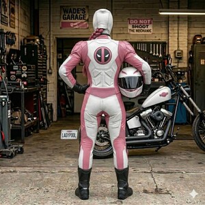 May include: A full-body motorcycle suit in white and pink leather featuring a Deadpool logo on the back, worn with a matching white helmet. The suit includes protective padding on the shoulders, back, and legs, paired with black leather boots.