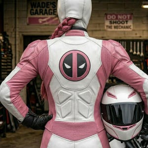 May include: A white and pink leather motorcycle jacket featuring a black and pink Deadpool logo on the back, textured padding, and a matching white helmet with a dark visor. The jacket has a fitted design with long sleeves and black gloves.