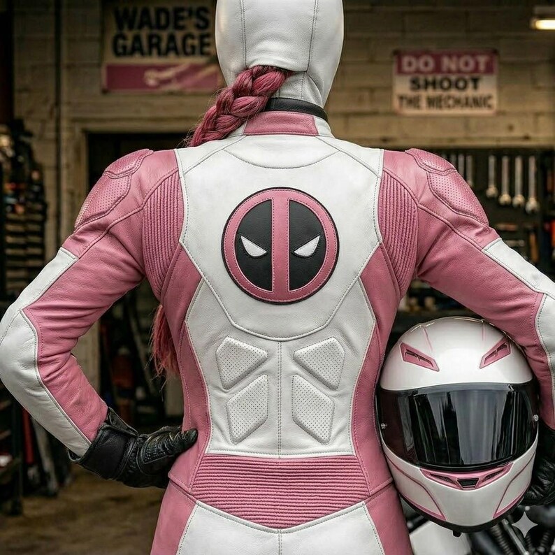 May include: A white and pink leather motorcycle jacket featuring a black and pink Deadpool logo on the back, textured padding, and a matching white helmet with a dark visor. The jacket has a fitted design with long sleeves and black gloves.