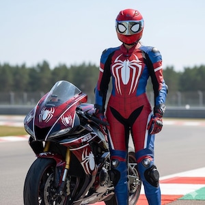 以下が含まれることがあります： 赤、青、白のオートバイと、スパイダーウェブのデザインが施されたお揃いのレーシングスーツ。 オートバイは、白いクモのエンブレムが付いた黒と赤のカウルです。 スーツには、赤いヘルメット、手袋、膝パッドが含まれています。
