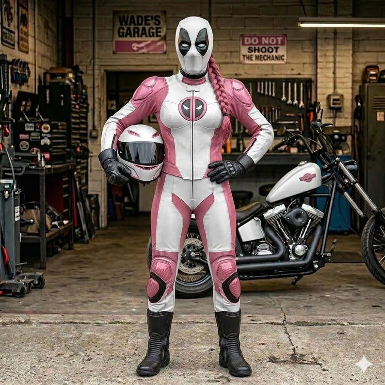 May include: A full-body motorcycle suit in white and pink with a central Deadpool logo on the chest. The suit features black protective padding at the knees and shoulders, paired with black gloves, black boots, and a white full-face helmet.