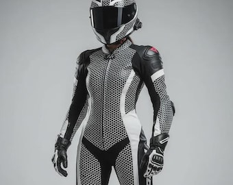 レディース ブラック/ホワイト レザー モーターサイクル レーシングスーツ | CE アーマー バイカーギア