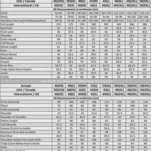 May include: A detailed size chart for motorbike racing suits, featuring two distinct tables for different body types. The charts list measurements in centimeters for chest, waist, hip, and various limb lengths, organized by European, USA, Canada, and International sizes.