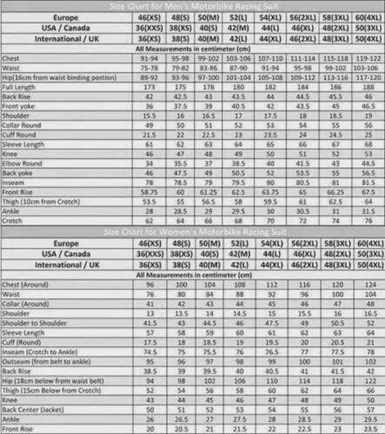 May include: A detailed size chart for motorbike racing suits, featuring two distinct tables for different body types. The charts list measurements in centimeters for chest, waist, hip, and various limb lengths, organized by European, USA, Canada, and International sizes.
