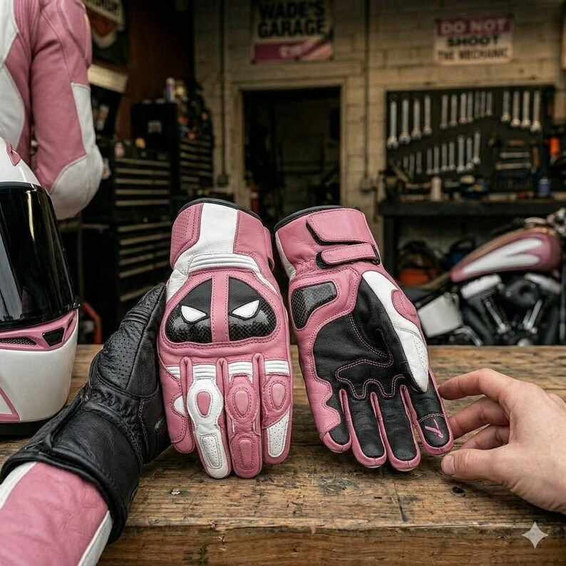 May include: A pair of motorcycle gloves featuring a pink, white, and black colour scheme. The gloves have a carbon fibre knuckle protector with a stylised white eye graphic, reinforced finger padding, and adjustable wrist straps for a secure fit.
