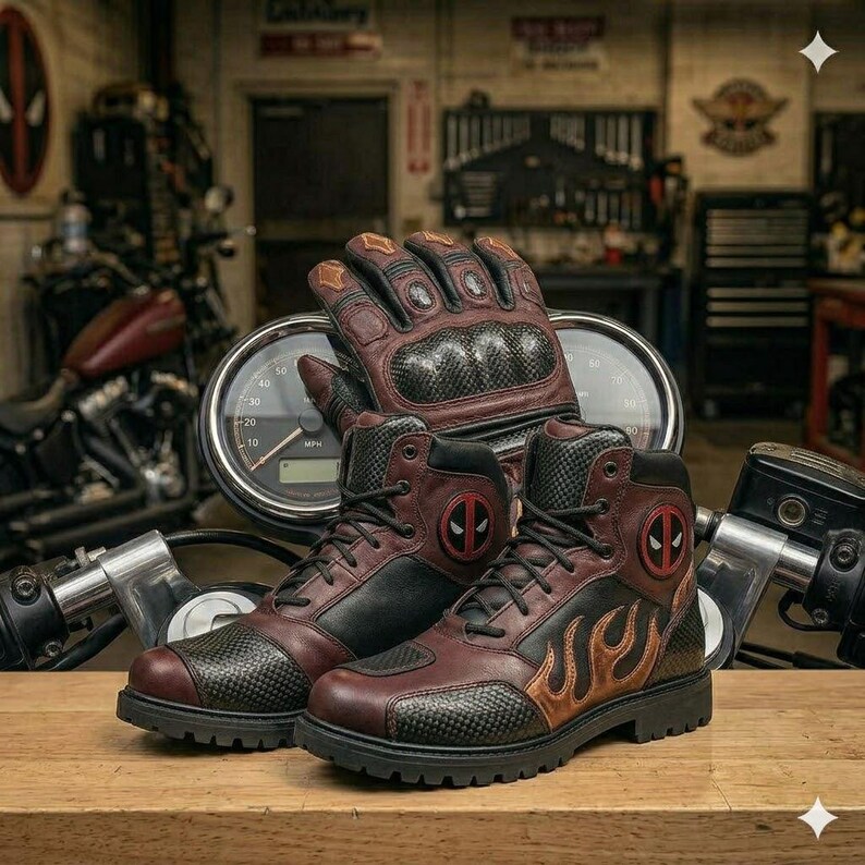 May include: A pair of maroon and black leather motorcycle boots featuring a carbon fiber-textured toe cap, flame detailing on the side, and a circular Deadpool logo patch. A matching pair of leather motorcycle gloves rests on top.