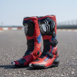 以下が含まれることがあります： スパイダーマンをテーマにした赤と黒のオートバイ用ブーツ。ブーツは、白いクモのエンブレム、黒のアクセント、青いストライプが特徴です。バックルと補強されたつま先が付いています。