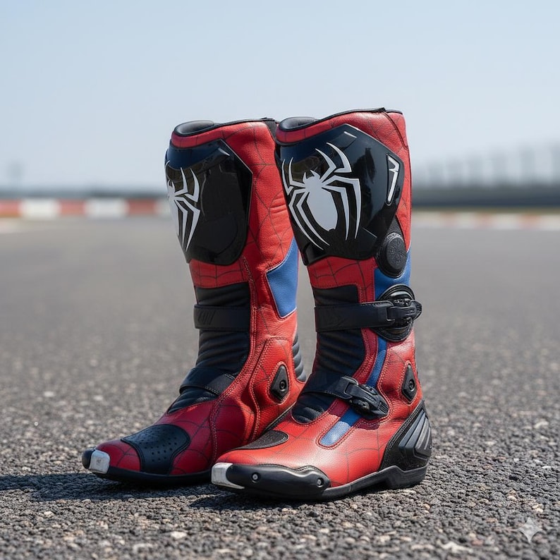 以下が含まれることがあります： スパイダーマンをテーマにした赤と黒のオートバイ用ブーツ。ブーツは、白いクモのエンブレム、黒のアクセント、青いストライプが特徴です。バックルと補強されたつま先が付いています。