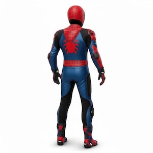 May include: A blue and red Spider-Man costume, viewed from the back, featuring a red helmet, a red spider emblem on the back, and black accents. The costume includes gloves and boots, with a sleek, form-fitting design.