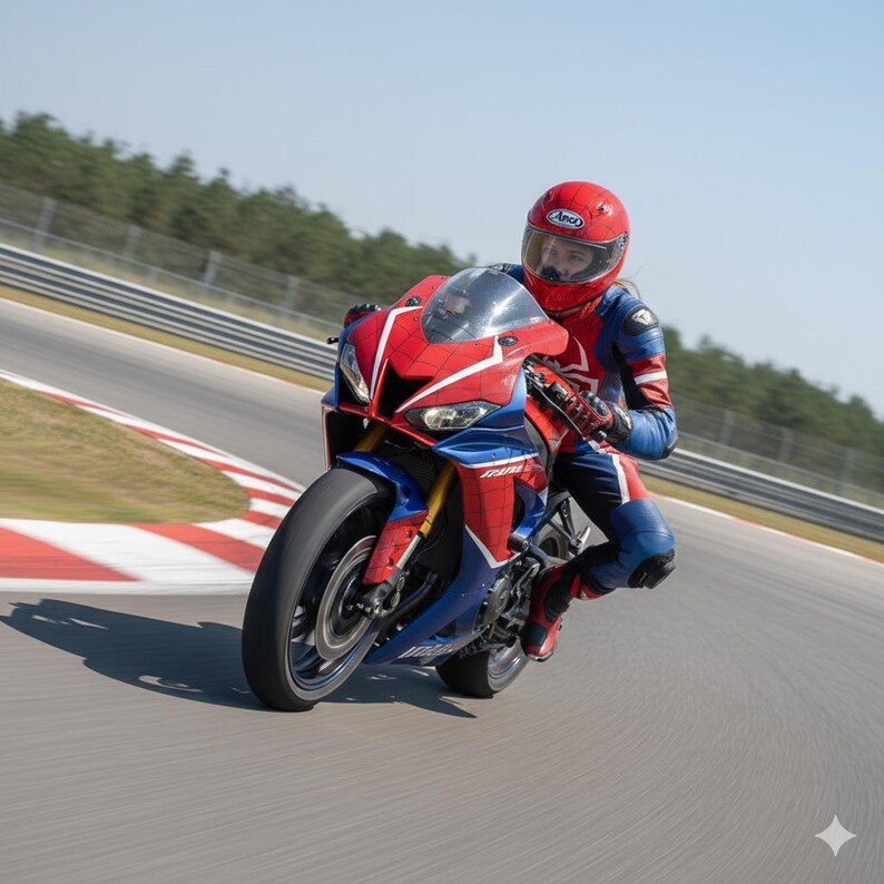以下が含まれることがあります： 赤、白、青のスポーツバイクがサーキットに展示されています。バイクは、透明なフロントガラスを備えた合理化されたデザインです。ライダーは、お揃いの赤いヘルメットとレーシングスーツを着用しています。バイクはトラックのカーブに傾いています。