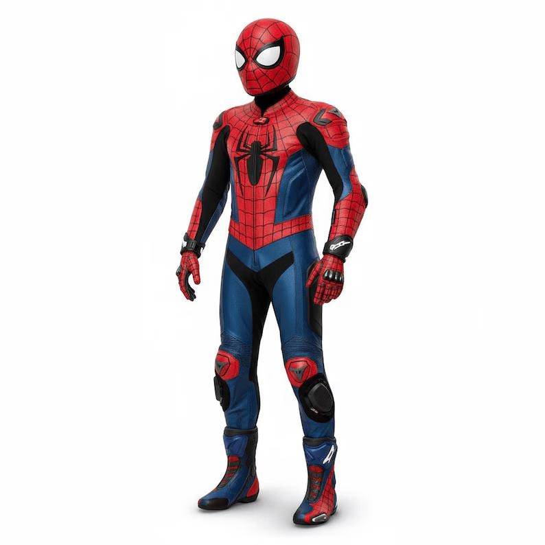 May include: A full-body Spider-Man costume in red, blue, and black. The costume includes a helmet with white eye lenses, a spider emblem on the chest, and protective gear on the knees and elbows.