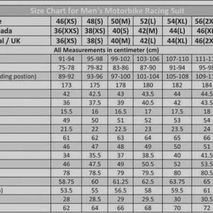 May include: A size chart for men's motorbike racing suits, with measurements in centimeters. The chart includes sizes from 46(XS) to 60(4XL), detailing chest, waist, hip, full length, and other dimensions.