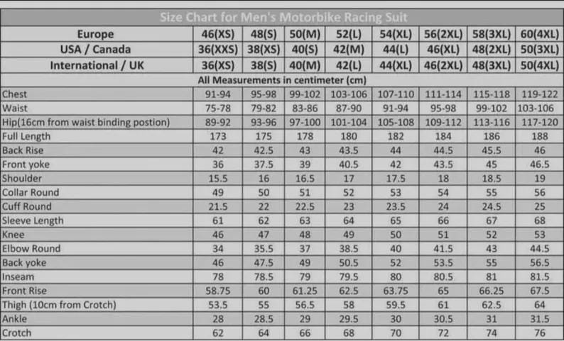 May include: A size chart for men's motorbike racing suits, with measurements in centimeters. The chart includes sizes from 46(XS) to 60(4XL), detailing chest, waist, hip, full length, and other dimensions.