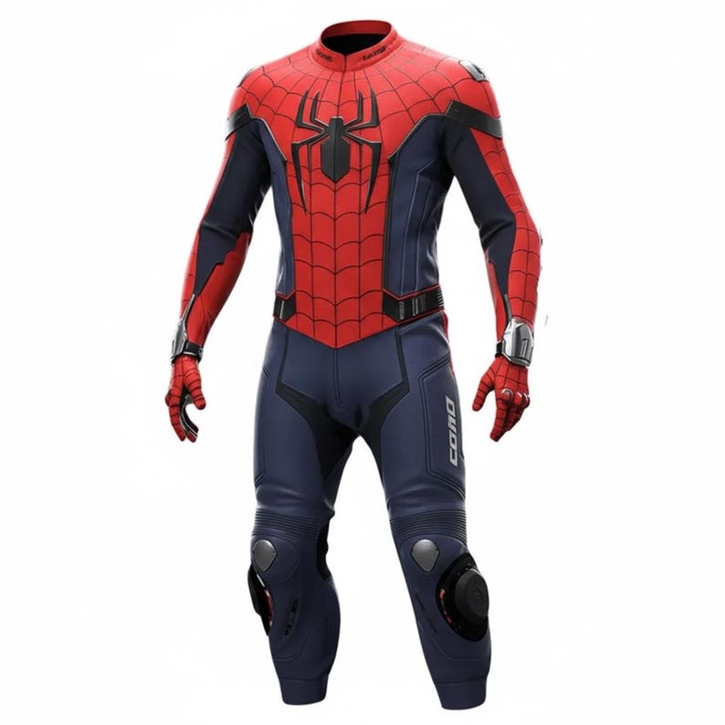 K&ouml;nnte beinhalten: Ein roter und marineblauer Motorradanzug im Spider-Man-Design. Der Anzug hat ein rotes Netzmuster auf Brust und Armen, mit einem gro&szlig;en schwarzen Spinnenemblem. Die Hose und die &Auml;rmel sind marineblau mit schwarzen Akzenten und Schutzpolstern.