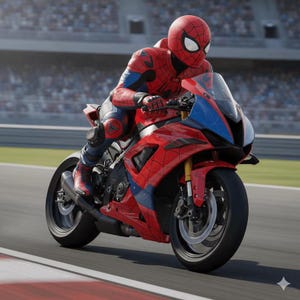 May include: A red and blue motorcycle with a rider in a matching suit, helmet, and gloves. The motorcycle has a sleek design with a windshield and black tires. The rider is leaning into a turn on a racetrack.