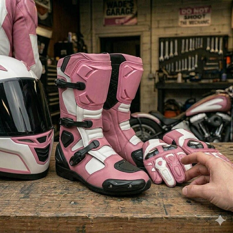 May include: A pair of pink and white motorcycle boots with black buckles and protective panels, accompanied by matching pink and white motorcycle gloves. The boots feature a tall shaft design with reinforced ankle support and a durable toe cap.