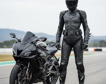 レディース ダークナイトレザー モーターサイクルスーツ - CEアーマー、カスタムレーシングギア