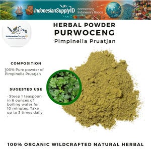 May include: A close-up of herbal powder, Purwoceng, Pimpinella Pruatjan, on a white backdrop. A circular inset displays green leaves. The text states it is 100% organic and wildcrafted. Instructions suggest steeping 1 tsp in 177 ml of boiling water.