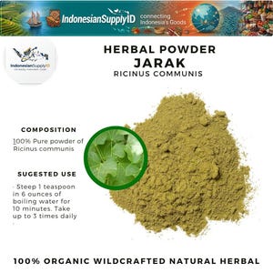 May include: A close-up of a pile of herbal powder, labelled "HERBAL POWDER JARAK RICINUS COMMUNIS." The image includes text stating "100% Pure powder of Ricinus communis" and "100% ORGANIC WILDCRAFTED NATURAL HERBAL."