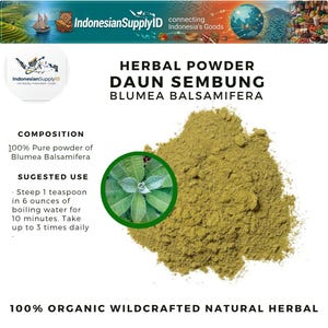 Peut inclure: Gros plan sur une poudre à base de plantes, Daun Sembung Blumea Balsamifera, de couleur verte, sur fond blanc. L'image comprend un encart circulaire de feuilles vertes et du texte décrivant la composition et l'utilisation du produit.