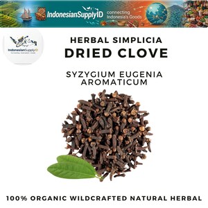 May include: A pile of dried cloves, a spice, with green leaves, against a white background. The text reads "HERBAL SIMPLICIA DRIED CLOVE SYZYGIUM EUGENIA AROMATICUM" and "100% ORGANIC WILDCRAFTED NATURAL HERBAL".