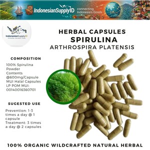 May include: A photograph of Spirulina herbal capsules, with the text "Spirulina Arthospira Platensis." The capsules are a light brown colour and are scattered on a white background. The image also includes text about the product's composition and suggested use.