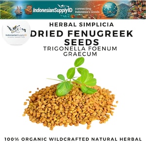 Pode incluir: Close-up de sementes de feno-grego secas com uma pequena planta verde. A imagem inclui o texto "HERBAL SIMPLICIA DRIED FENUGREEK SEEDS TRIGONELLA FOENUM GRAECUM" e "100% ORGANIC WILDCRAFTED NATURAL HERBAL".