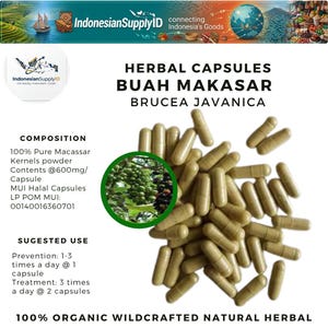 May include: A photograph of herbal capsules, identified as "Buah Makasar Brucea Javanica." The capsules are light brown and scattered on a white surface. The image also contains text detailing the product's composition and recommended usage.