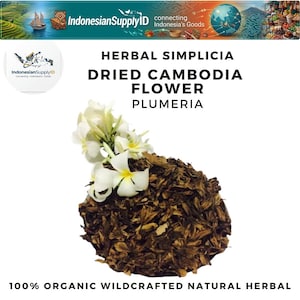 May include: A heap of dried brown herbal material with white plumeria flowers. The text reads "HERBAL SIMPLICIA DRIED CAMBODIA FLOWER PLUMERIA" and "100% ORGANIC WILDCRAFTED NATURAL HERBAL".