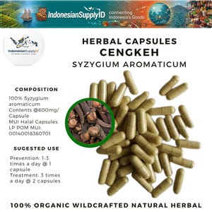 Puede incluir: Imagen de cápsulas de hierbas "Cengkeh Syzygium Aromaticum" con una ilustración de clavo. Las cápsulas son de color verde claro y están dispersas sobre un fondo blanco. El texto proporciona detalles sobre la composición y el uso sugerido.