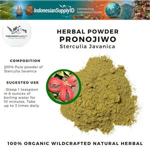 May include: A close-up of Pronojiwo herbal powder, a natural herbal product, is shown on a white background. The image includes text that reads "100% Organic Wildcrafted Natural Herbal". A red flower is also shown.
