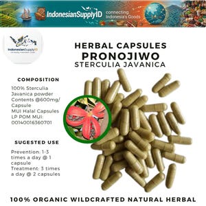 Pode incluir: Imagem de cápsulas de ervas rotuladas como "PRONOJIWO STERCULIA JAVANICA". As cápsulas são marrons claras e estão espalhadas sobre um fundo branco. A imagem também inclui texto sobre a composição do produto, o uso sugerido e uma imagem de uma flor vermelha.