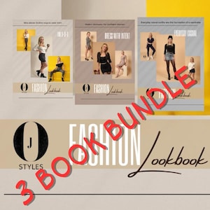 May include: A bundle of three fashion lookbooks. Each book features images of women modeling various outfits. The covers display text such as "Dress with Intent" and "Everyday Casual." The overall design is clean, with a focus on the clothing.