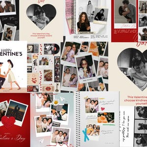 Könnte beinhalten: Eine Collage von Bildern zum Valentinstag. Die Bilder zeigen Paare, Herzen und Fotoalben. Einige Bilder haben den Text "Happy Valentine's Day". Die Farbpalette umfasst Rot, Rosa und Schwarzweiß.