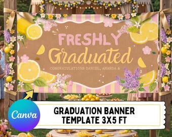 Graduation Banner Template, Lemon Floral Design, Class of 2026 Grad Banner, Editable Canva Party Decor (Digital Download)