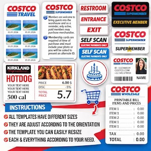 May include: A collage of Costco-themed graphics. Includes travel images, membership cards, signs for restrooms and exits, a hotdog graphic with price, a birthday cake, a shopping cart, and a printable bill template.