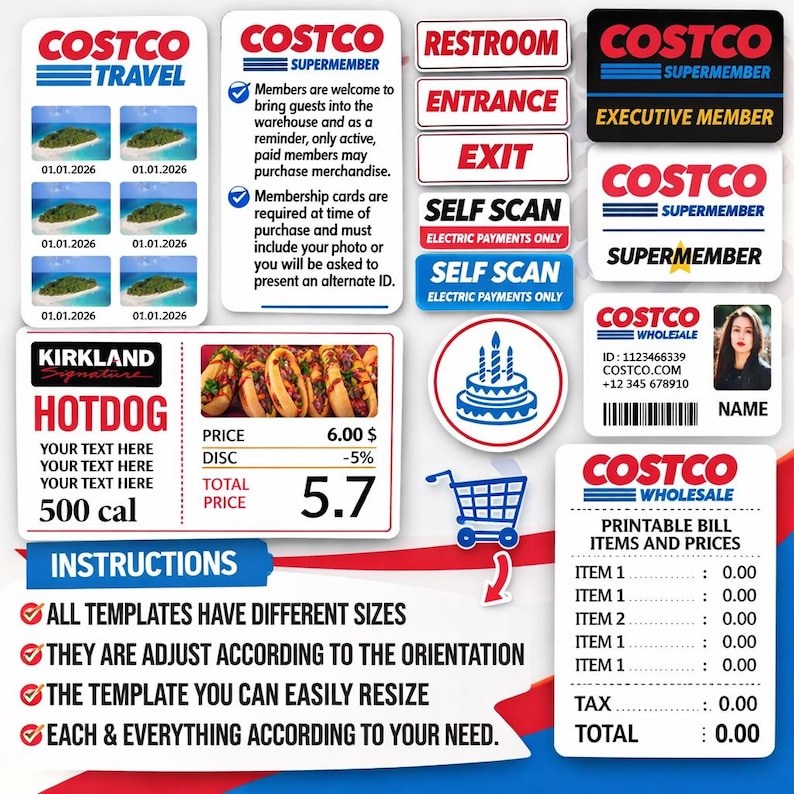 May include: A collage of Costco-themed graphics. Includes travel images, membership cards, signs for restrooms and exits, a hotdog graphic with price, a birthday cake, a shopping cart, and a printable bill template.