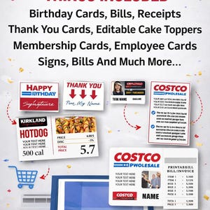 May include: An image showcasing various printable items, including birthday cards, receipts, and membership cards. The image features a laptop with digital cards and a shopping cart icon, highlighting the digital product theme.