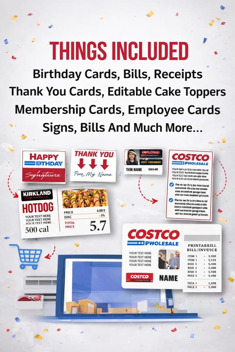 May include: An image showcasing various printable items, including birthday cards, receipts, and membership cards. The image features a laptop with digital cards and a shopping cart icon, highlighting the digital product theme.
