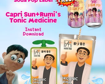 Kpop Demon Hunters, Dr. Han's Tonic Drink Wrapper, GoGo SqueeZ + Caprisun juice Label, Rumi's Medicine, Cosplay huntrix Kpop party Printable