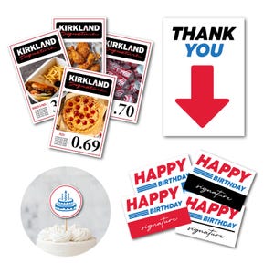 May include: A collection of Kirkland Signature food price cards, a "Thank You" sign with a red arrow, a cake topper, and several "Happy Birthday" cards. The food cards display images of pizza, burgers, and fried chicken.
