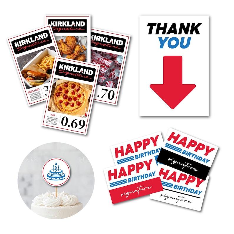 May include: A collection of Kirkland Signature food price cards, a "Thank You" sign with a red arrow, a cake topper, and several "Happy Birthday" cards. The food cards display images of pizza, burgers, and fried chicken.