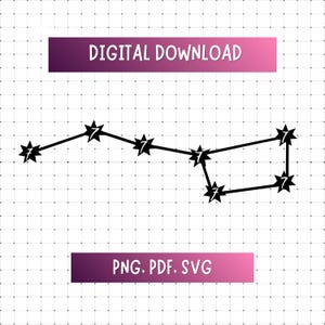 May include: Black constellation graphic with star shapes connected by lines, set against a grid background. The text "DIGITAL DOWNLOAD" is in a purple and pink gradient rectangle. Below, the text "PNG. PDF. SVG" is in a similar rectangle.