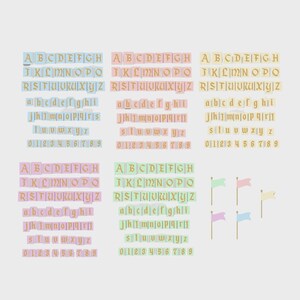May include: A collection of pastel-colored alphabet blocks and numbers, arranged in rows. The blocks feature uppercase and lowercase letters, along with numbers 0-9. Small decorative flags are also included.