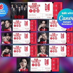 Op de afbeelding: Een verzameling van acht rode BTS World Tour Arirang tickets, elk met een portret van een bandlid. De tickets tonen de datum 10.12.2026 en de tijd 20:30 uur. De afbeelding bevat ook de tekst "Edit with Canva Instant Download."