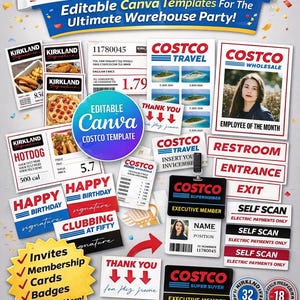 May include: A collection of customizable Costco-themed Canva templates for parties and events. Includes templates for invitations, membership cards, badges, and signs. Features Costco branding and design elements.