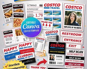 Costco-Themed Canva Party Bundle, Invites, Costco Party Pack Premium Cards, Badges, Food Court, Trivia, Member of the Month Digital Download